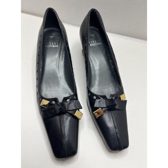 Stuart Weitzman Square Toe Leather Kitten Heel Bow Shoes Pump‎ Size 6.5 Black - Picture 2 of 9